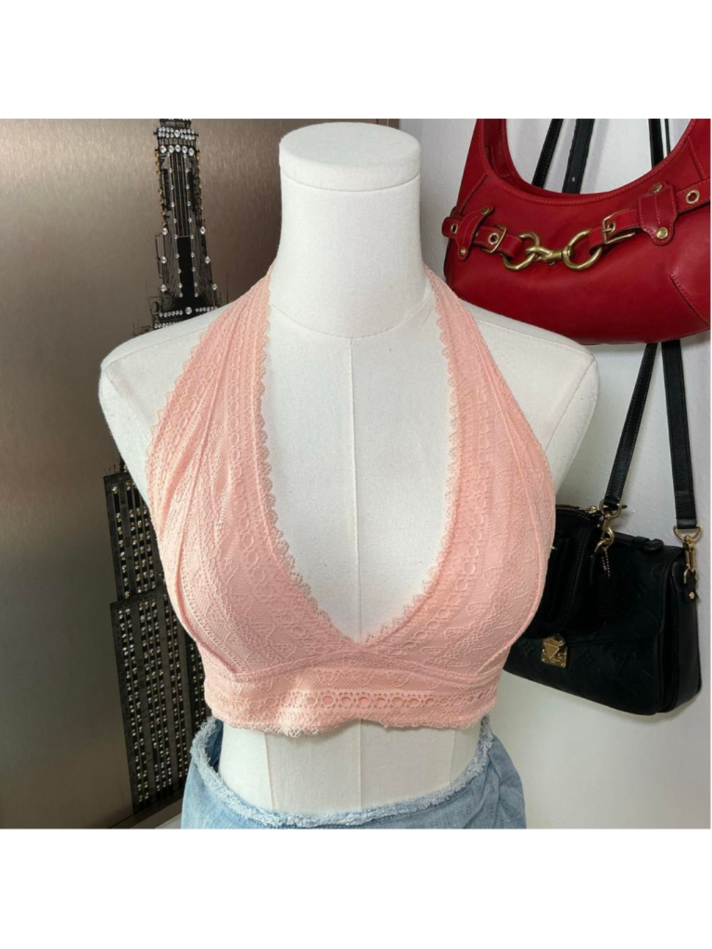 Out From Under Pink Lace Halter Bralette Y2K Strappy Back Size M